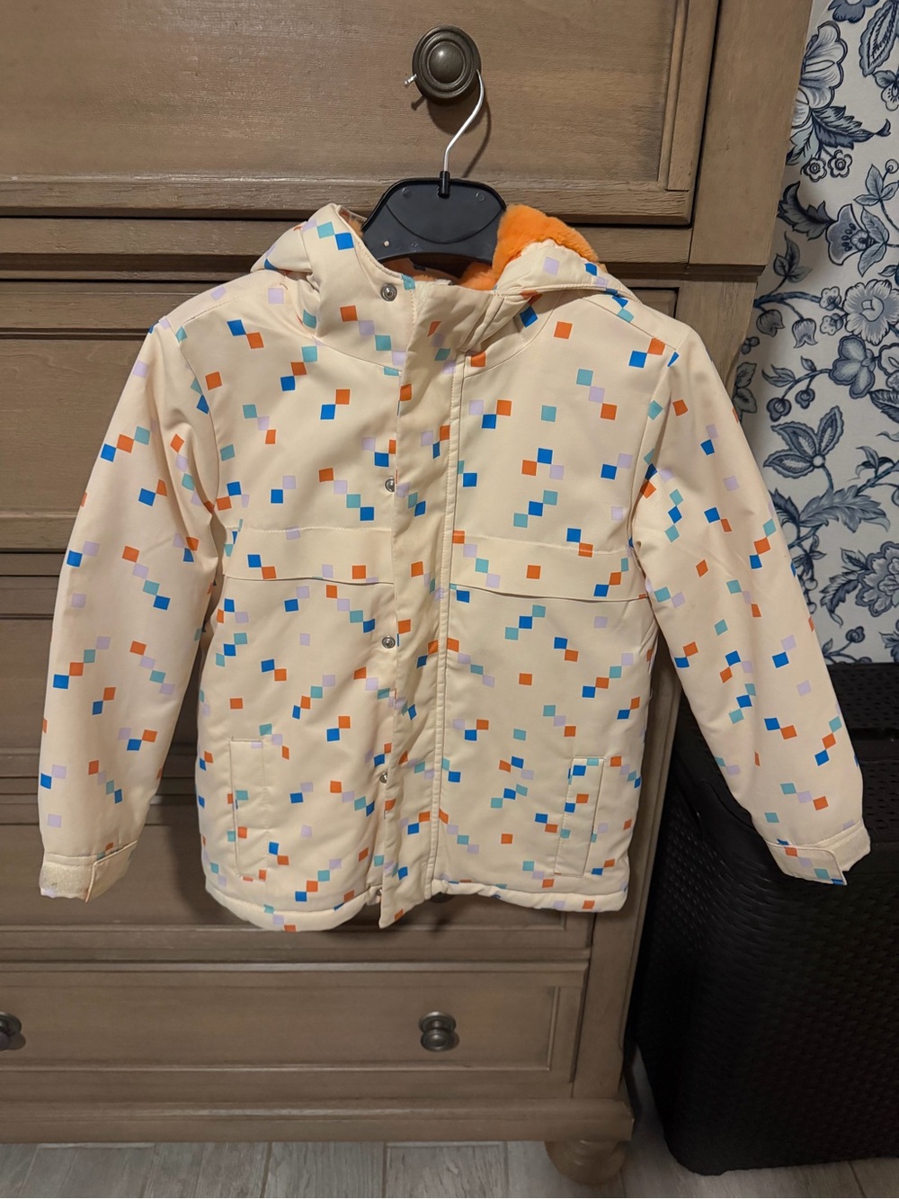 Cat & Jack Cream Hooded Puffer Jacket with Orange Lining and Multicolor Squares